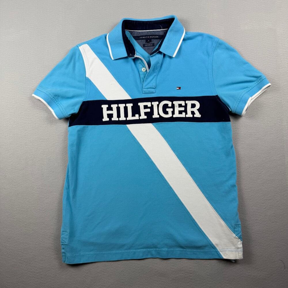 Tommy Hilfiger Logo Polo Shirt Blue Custom Fit Men M